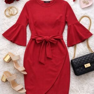 Boohoo Plus Size 16 Red Wrap Dress Bell Sleeve Tie Waist Midi NWT